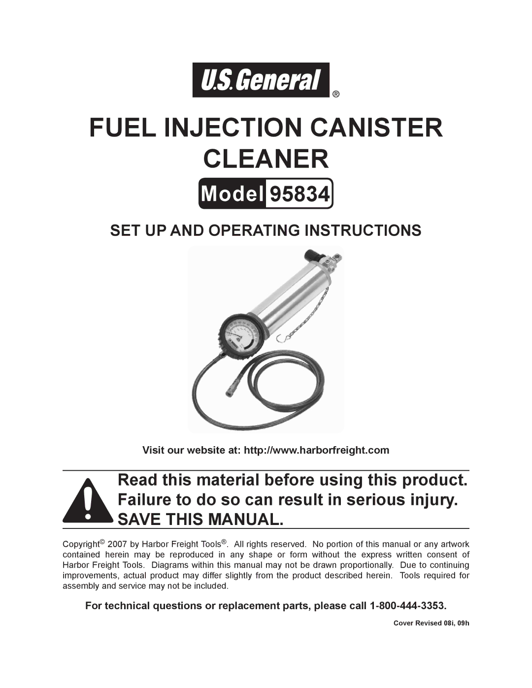 Harbor Freight Tools 95834 operating instructions Cleaner, For technical questions or replacement parts, please call 