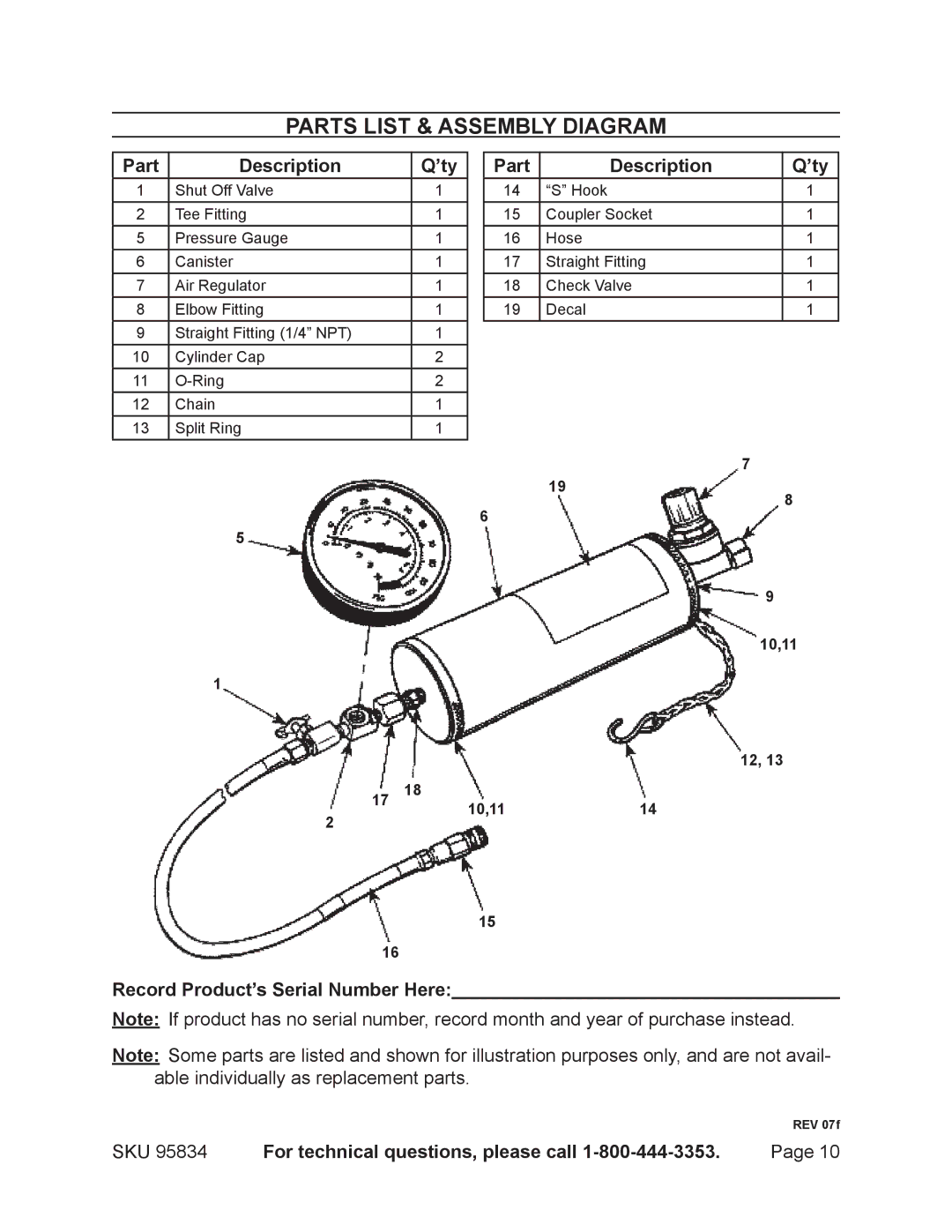 Harbor Freight Tools 95834 Parts List & Assembly Diagram, Part Description ’ty, Record Product’s Serial Number Here 