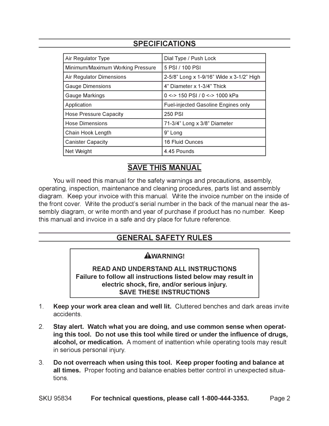 Harbor Freight Tools 95834 Specifications, Save this Manual, General Safety Rules, For technical questions, please call 