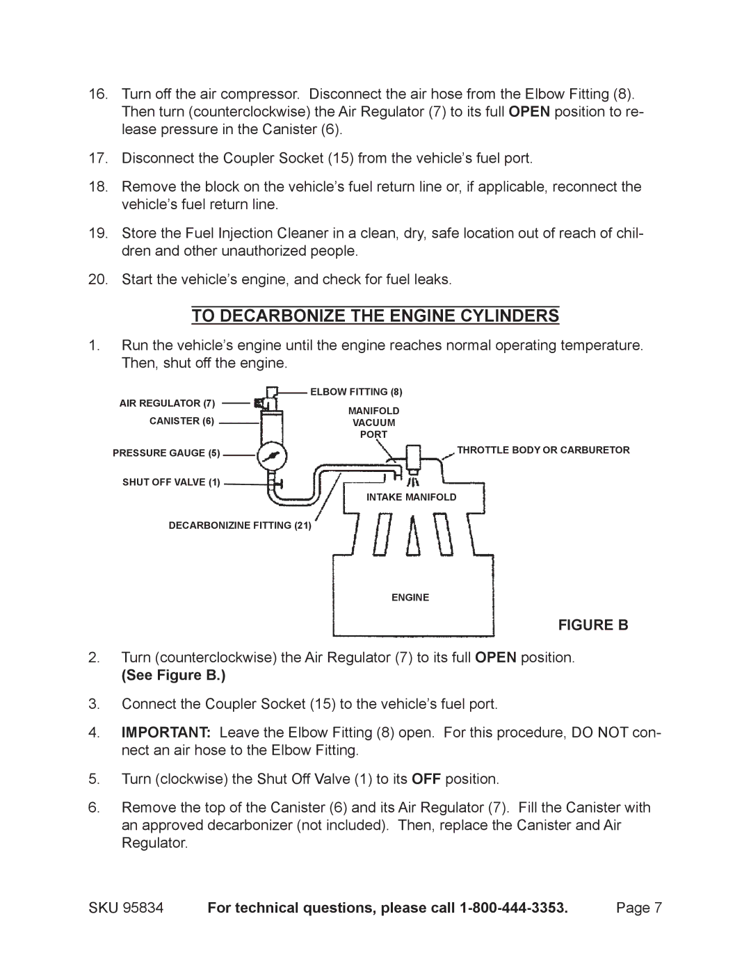 Harbor Freight Tools 95834 operating instructions To Decarbonize the Engine Cylinders, See Figure B 