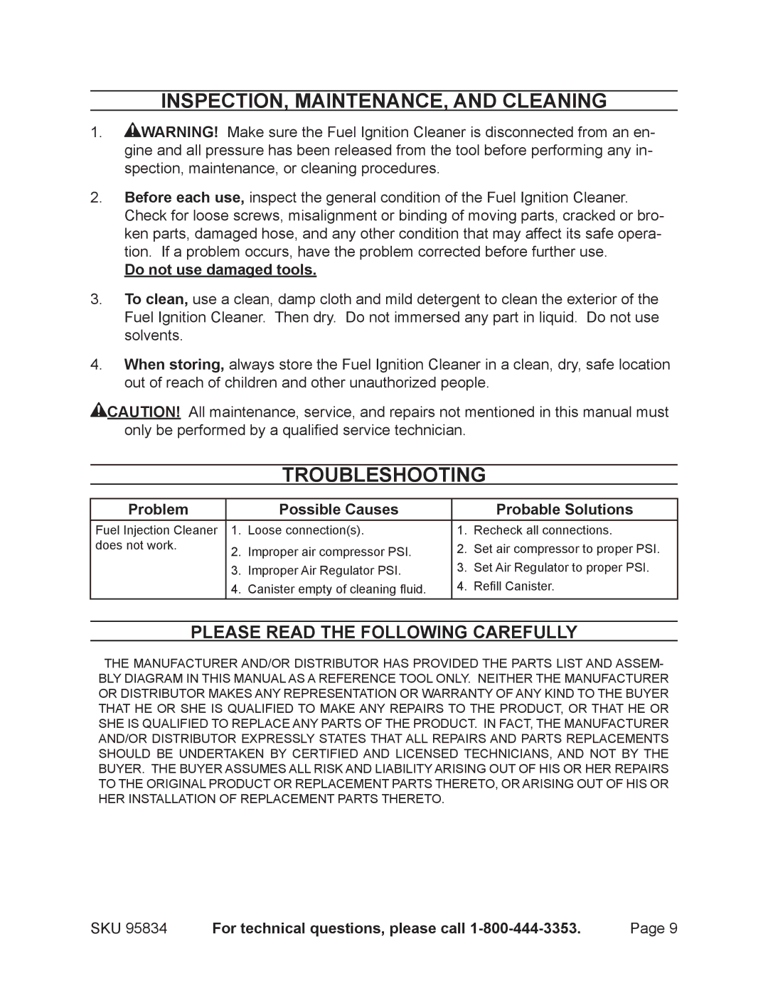 Harbor Freight Tools 95834 operating instructions Please Read the Following carefully, Do not use damaged tools 