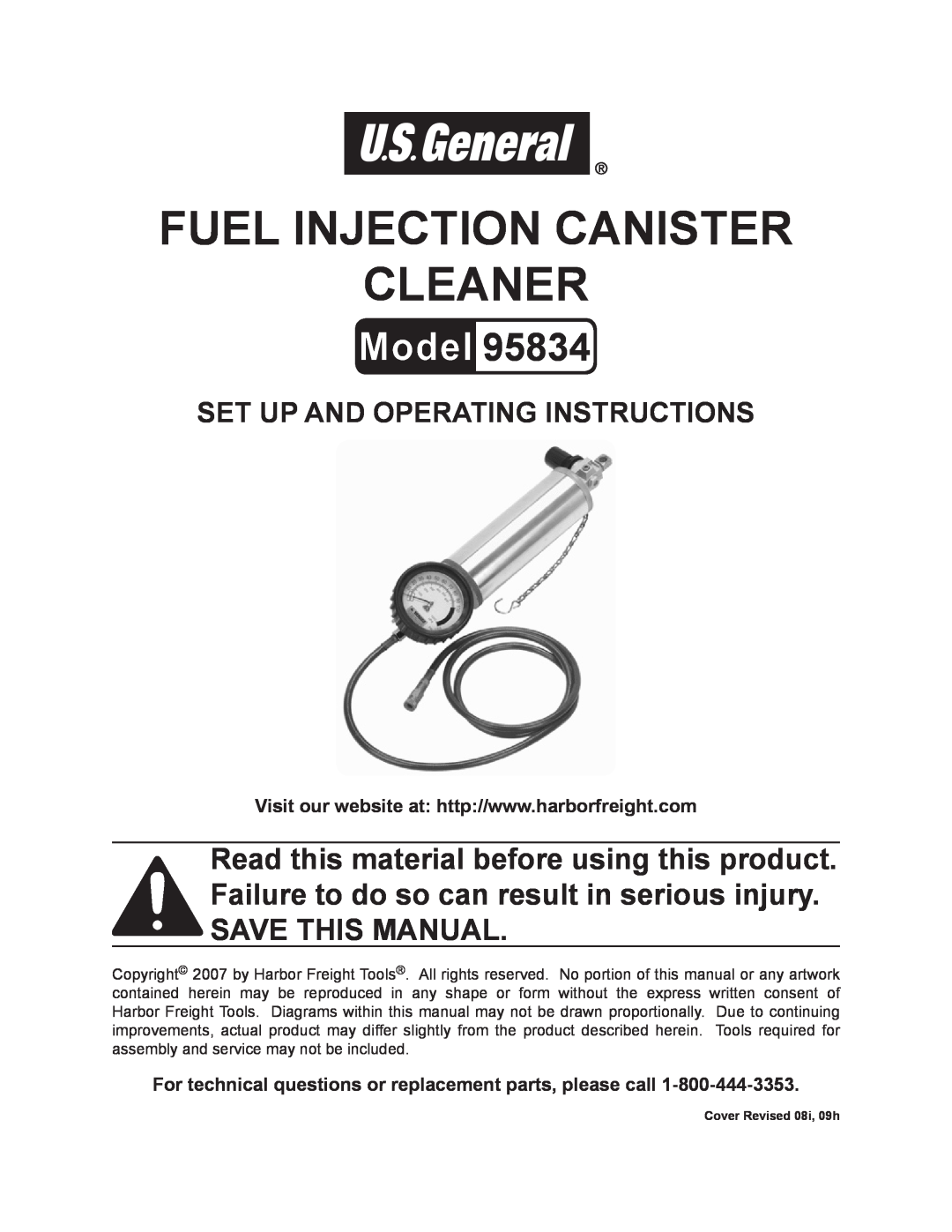 Harbor Freight Tools 95834 operating instructions FUEL Injection CANISTER CLEANER, Set up and Operating Instructions 