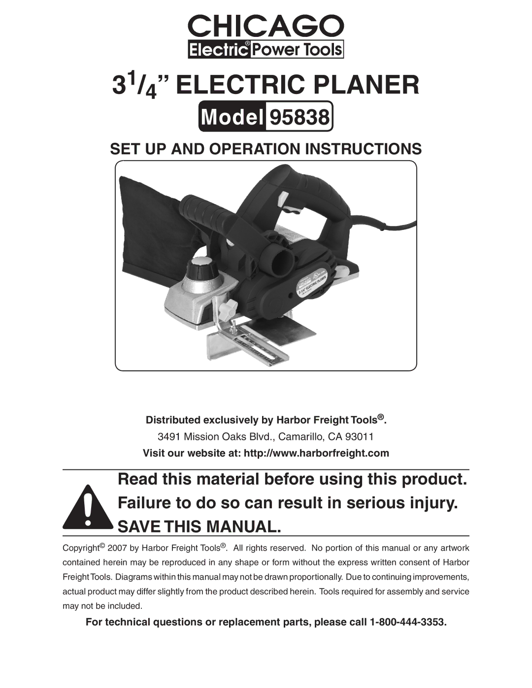 Harbor Freight Tools 95838 manual Distributed exclusively by Harbor Freight tools 