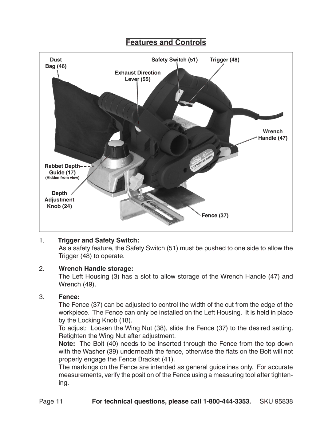 Harbor Freight Tools 95838 manual Features and Controls, Trigger and Safety Switch, Wrench Handle storage, Fence 