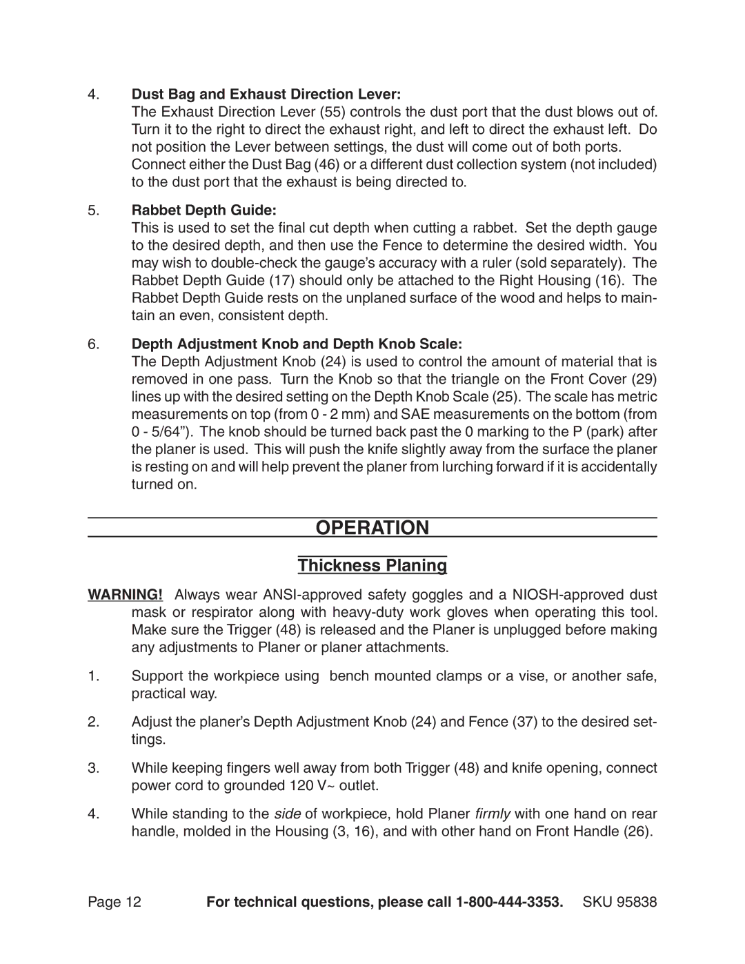 Harbor Freight Tools 95838 manual Operation, Thickness Planing, Dust Bag and Exhaust Direction Lever, Rabbet Depth Guide 