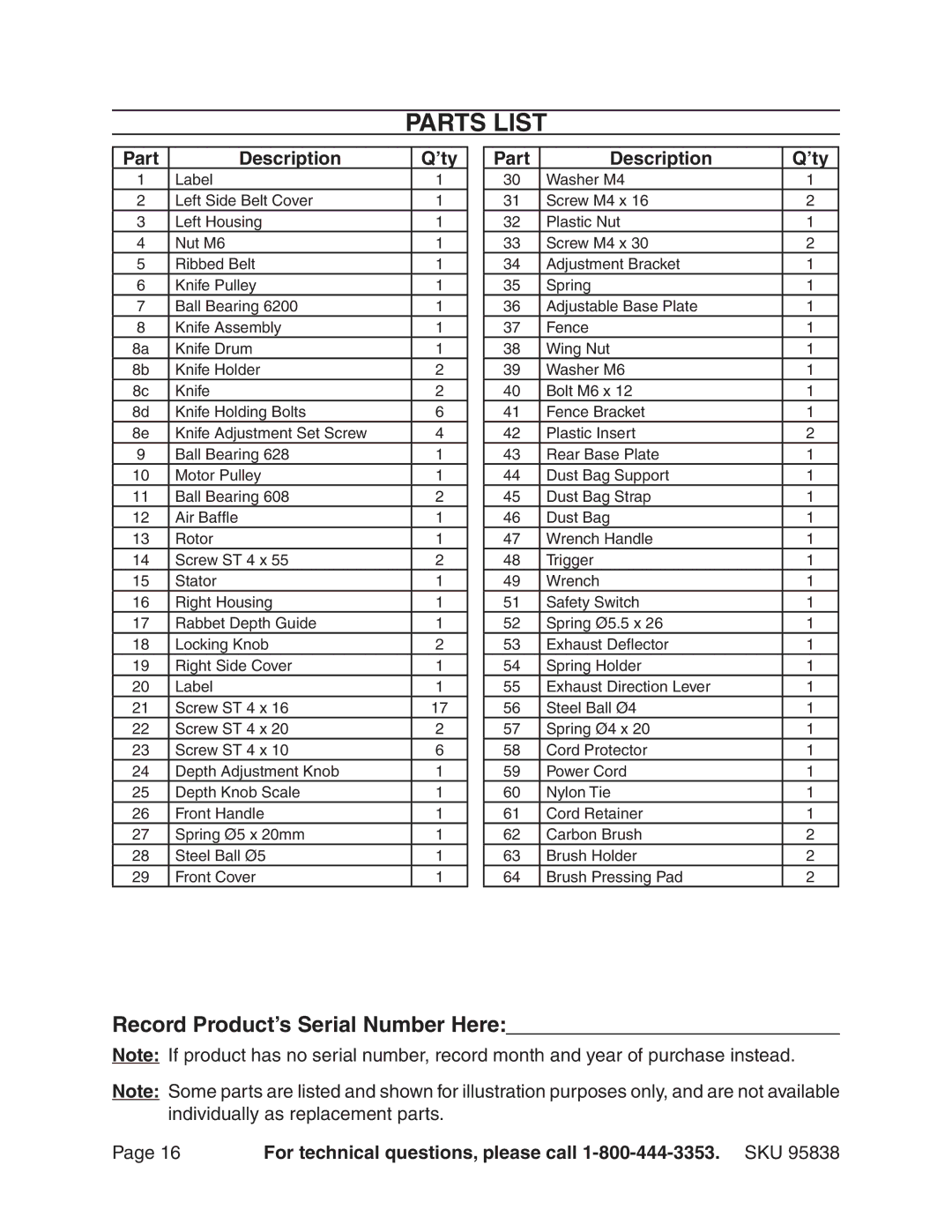 Harbor Freight Tools 95838 manual Parts List, Record Product’s Serial Number Here, Part Description ’ty 