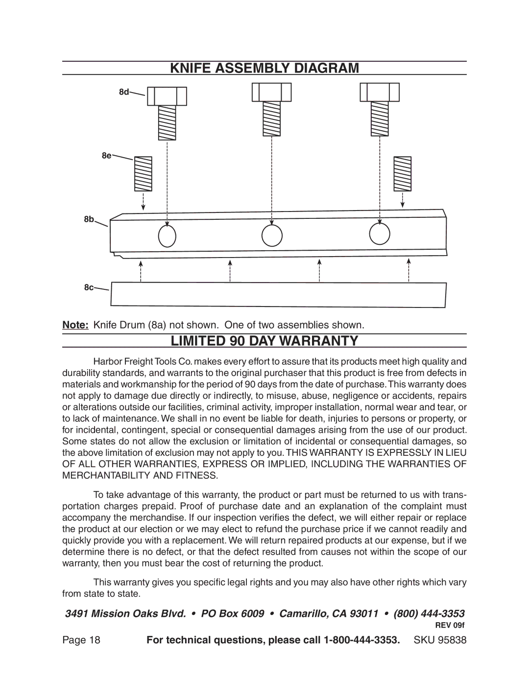 Harbor Freight Tools 95838 manual Knife Assembly Diagram, Limited 90 DAY Warranty 