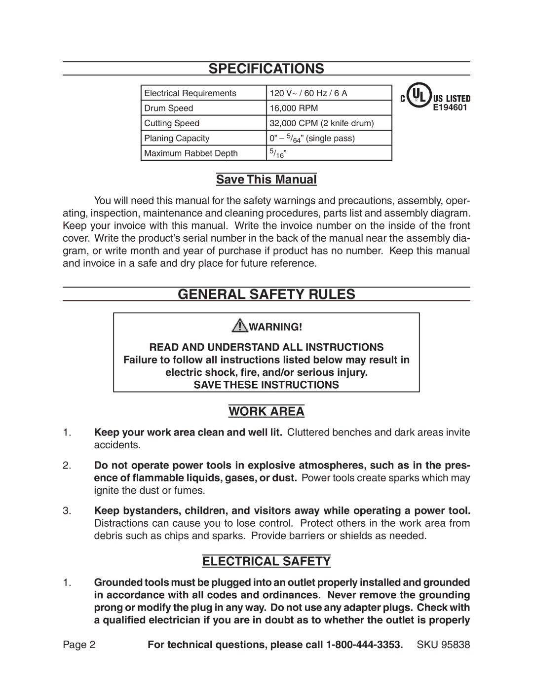 Harbor Freight Tools 95838 manual Specifications, General Safety Rules, Save This Manual, Work Area, Electrical Safety 