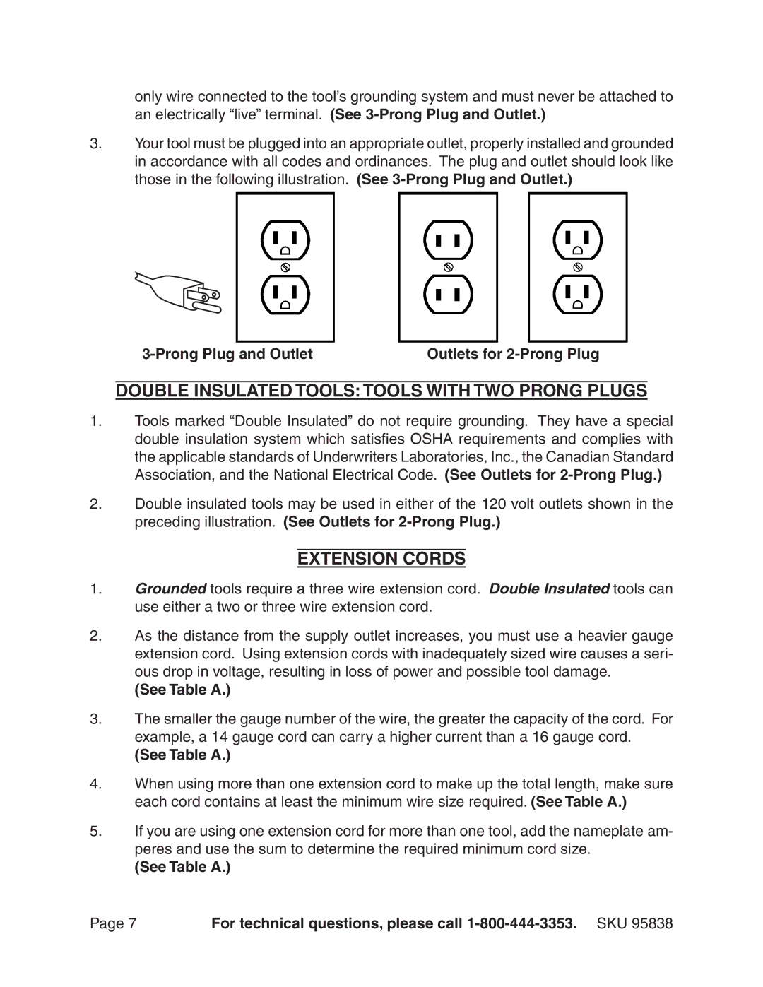 Harbor Freight Tools 95838 manual Double Insulated Tools Tools With Two Prong Plugs, Extension Cords, See Table a 