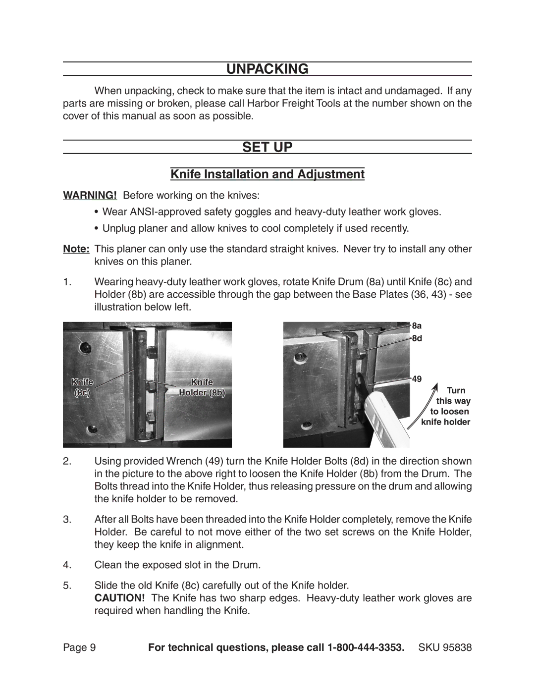 Harbor Freight Tools 95838 manual Unpacking, Set up, Knife Installation and Adjustment 