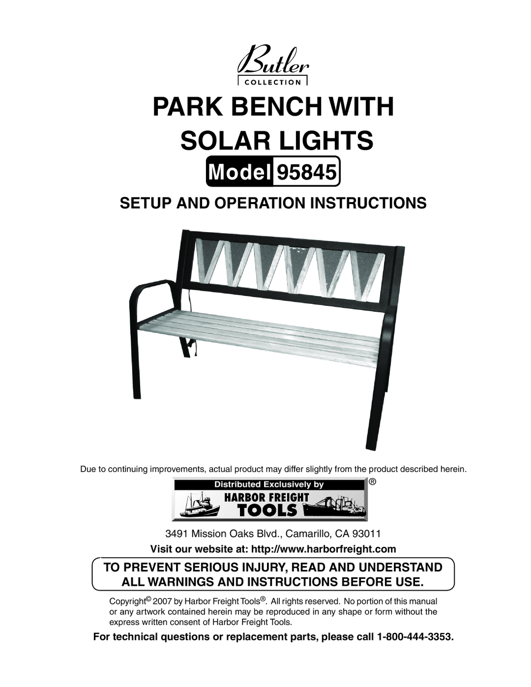 Harbor Freight Tools 95845 manual Park bench with solar liGHTS, For technical questions or replacement parts, please call 