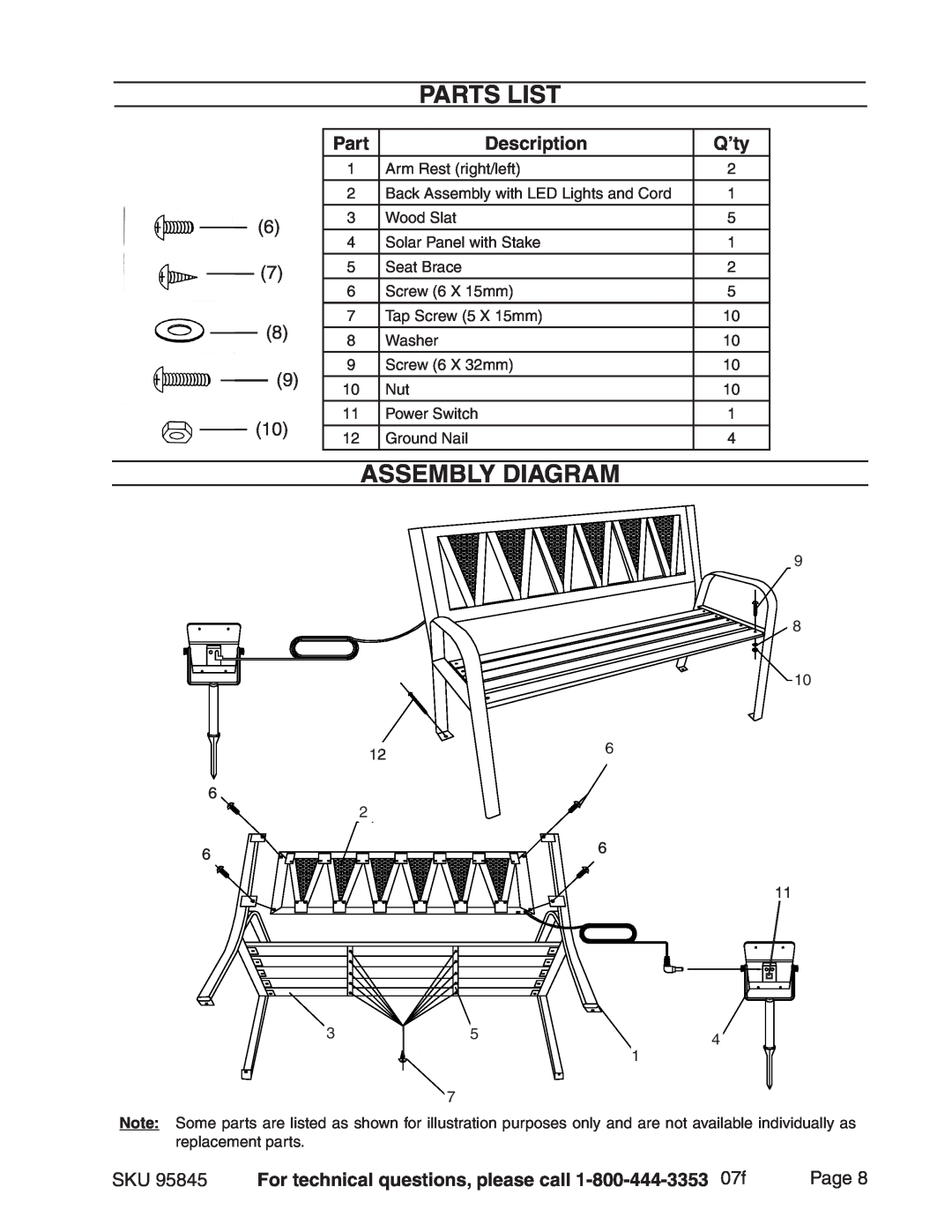 Harbor Freight Tools 95845 manual Parts List, Assembly Diagram, Description, Q’ty, Page 