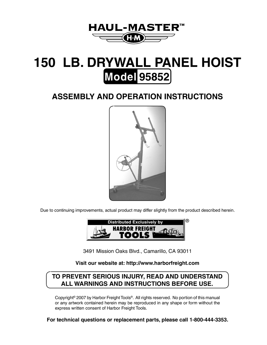 Harbor Freight Tools 95852 manual 150 LB. Drywall Panel Hoist 