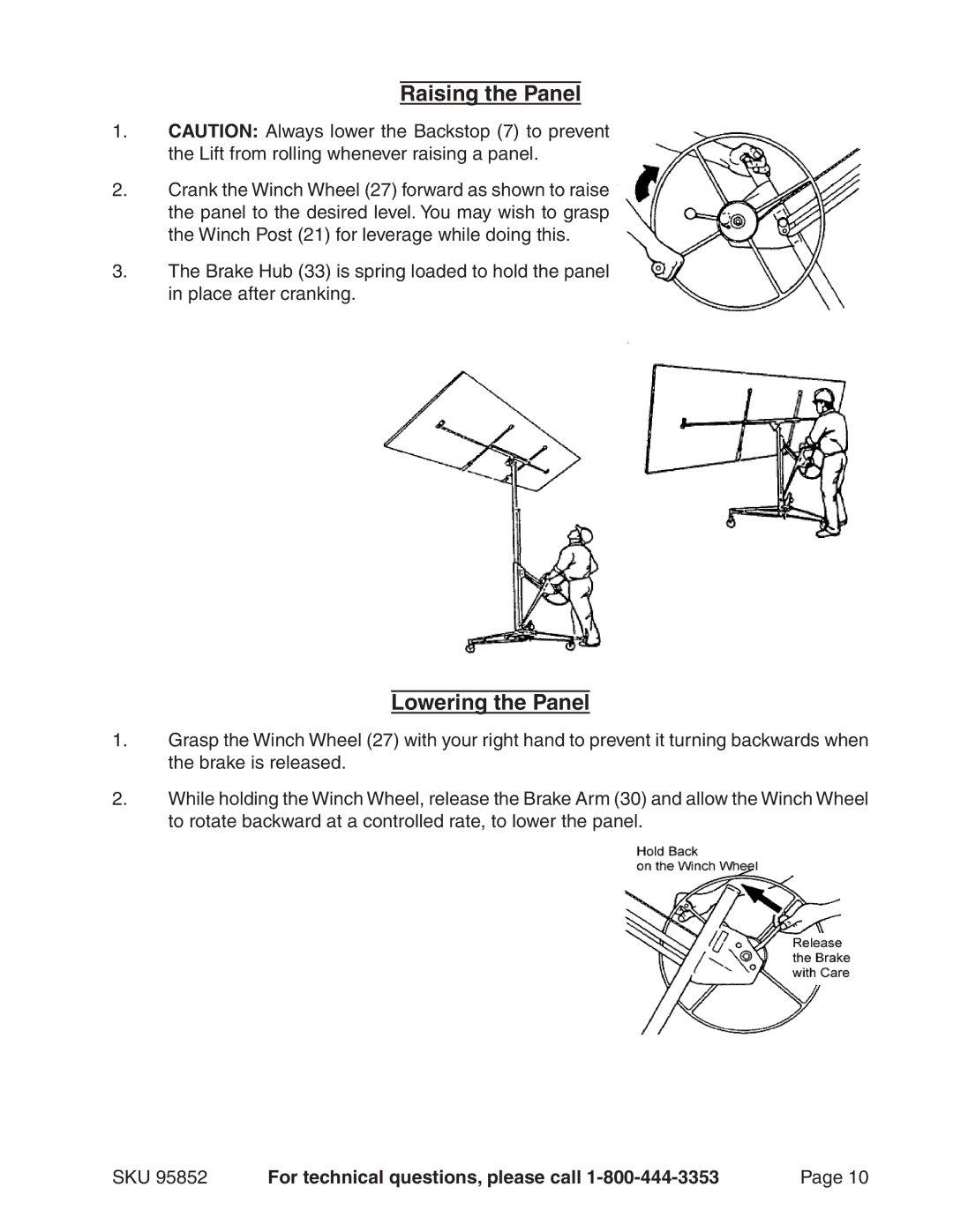 Harbor Freight Tools 95852 manual Raising the Panel, Lowering the Panel 