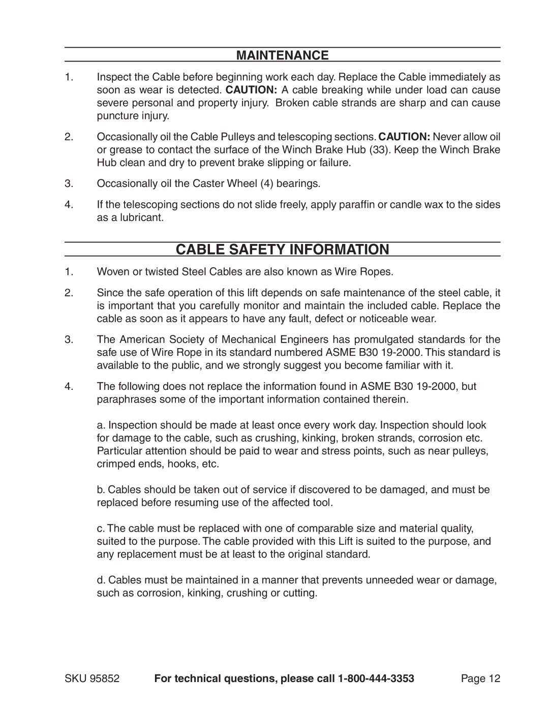 Harbor Freight Tools 95852 manual Cable Safety Information, Maintenance 