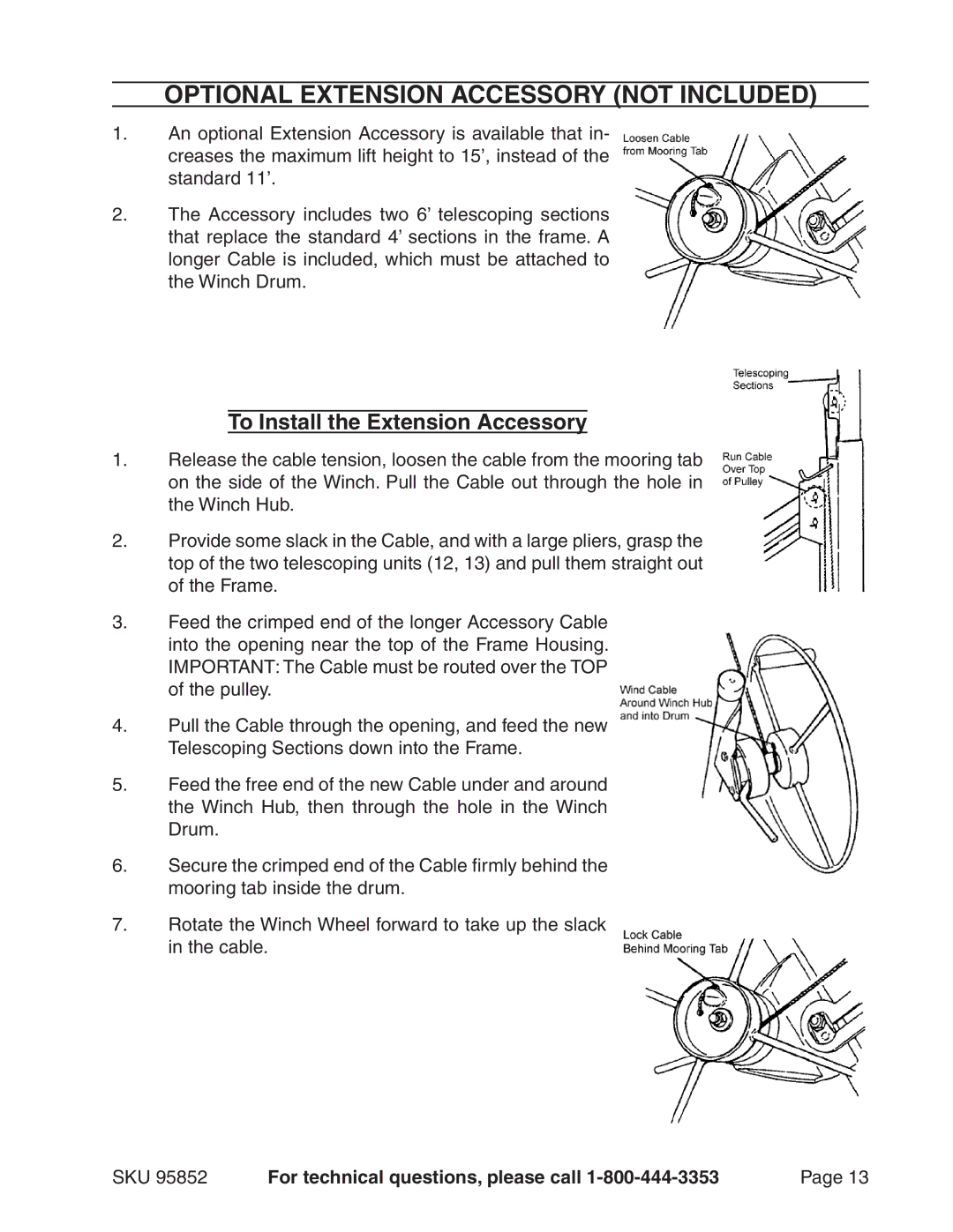 Harbor Freight Tools 95852 manual Optional Extension Accessory not included, To Install the Extension Accessory 