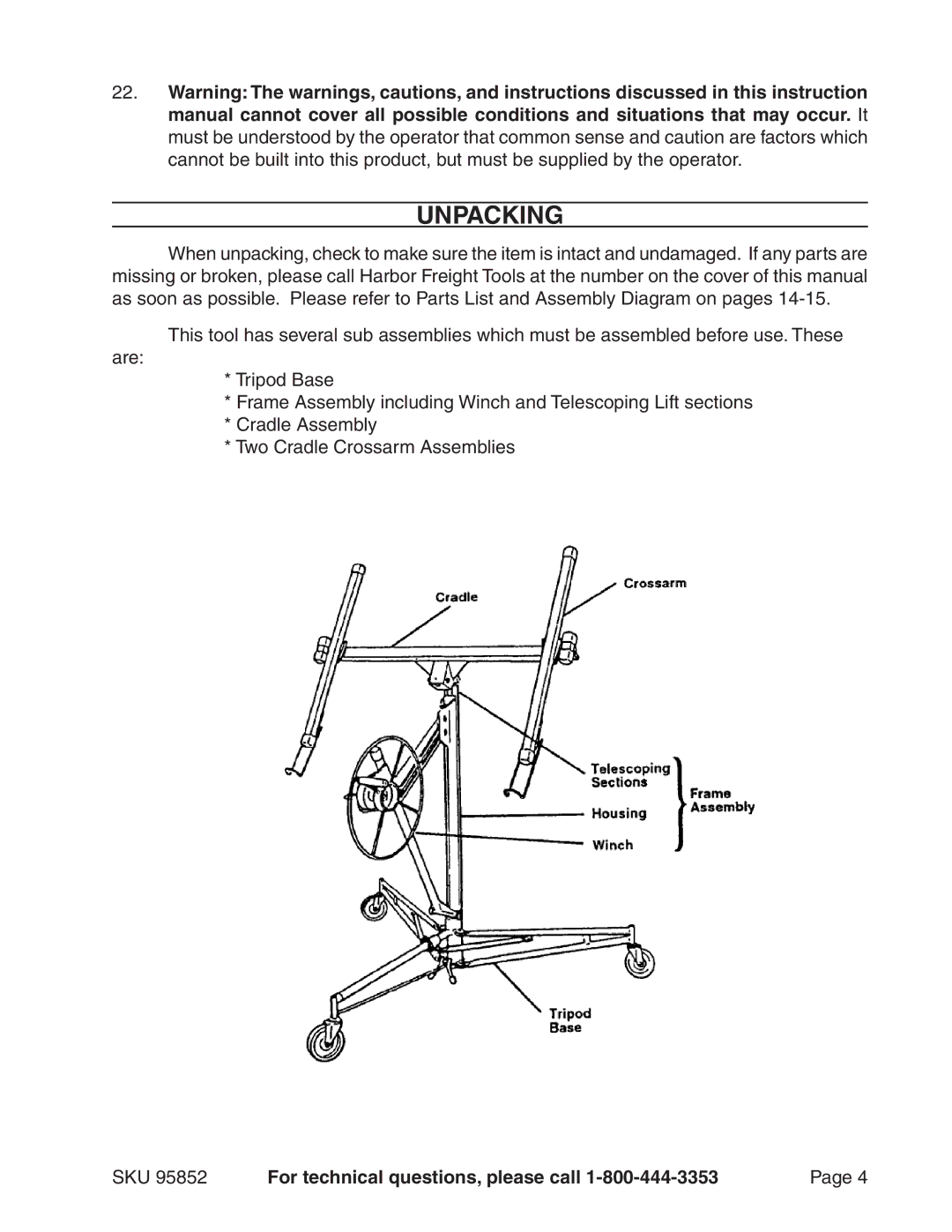 Harbor Freight Tools 95852 manual Unpacking 