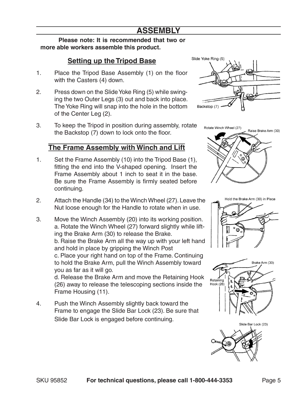 Harbor Freight Tools 95852 manual Setting up the Tripod Base, Frame Assembly with Winch and Lift 