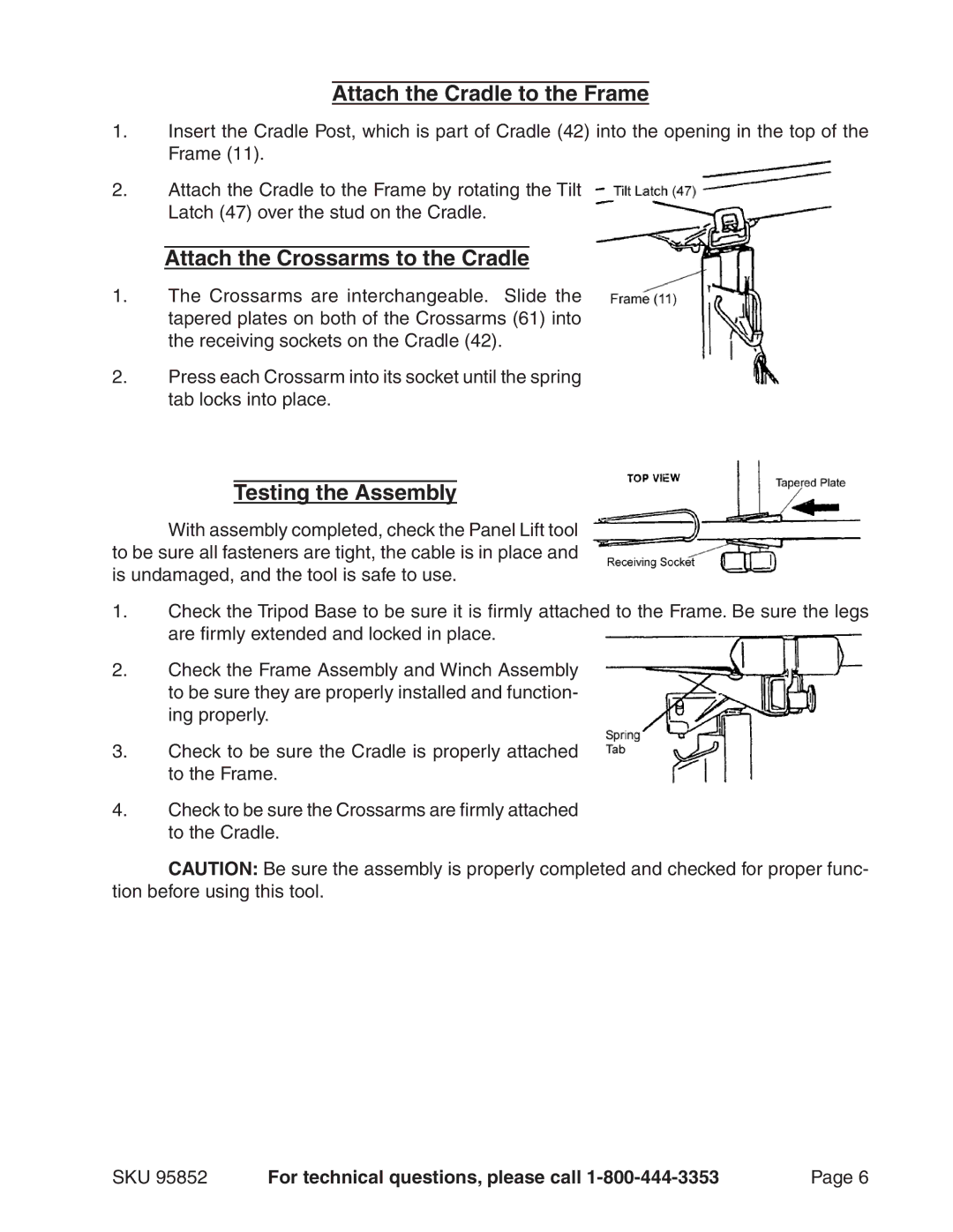 Harbor Freight Tools 95852 manual Attach the Cradle to the Frame, Attach the Crossarms to the Cradle, Testing the Assembly 