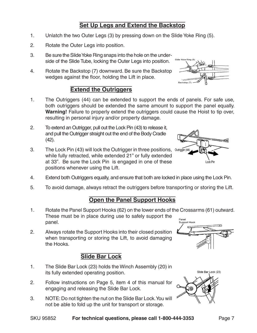 Harbor Freight Tools 95852 manual Set Up Legs and Extend the Backstop, Extend the Outriggers, Open the Panel Support Hooks 