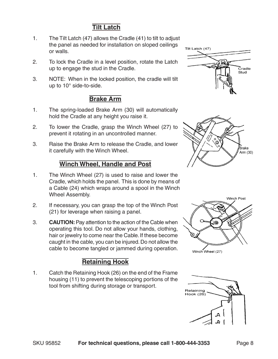 Harbor Freight Tools 95852 manual Tilt Latch, Brake Arm, Winch Wheel, Handle and Post, Retaining Hook 