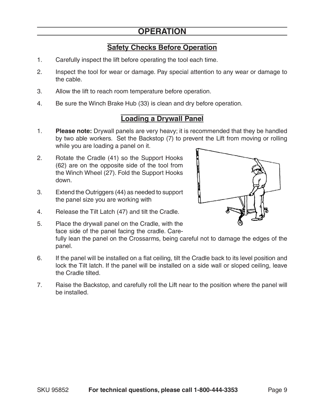 Harbor Freight Tools 95852 manual Safety Checks Before Operation, Loading a Drywall Panel 