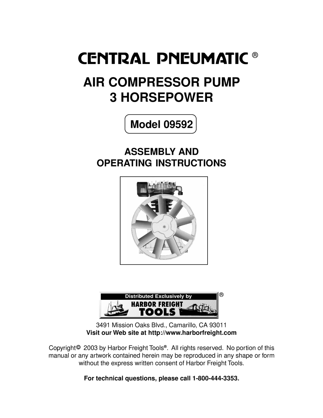 Harbor Freight Tools 9592 operating instructions AIR Compressor Pump Horsepower, For technical questions, please call 