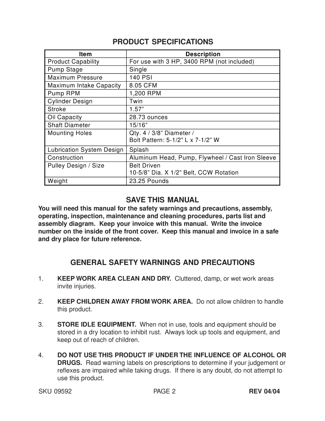 Harbor Freight Tools 9592 Product Specifications, Save this Manual, General Safety Warnings and Precautions, REV 04/04 