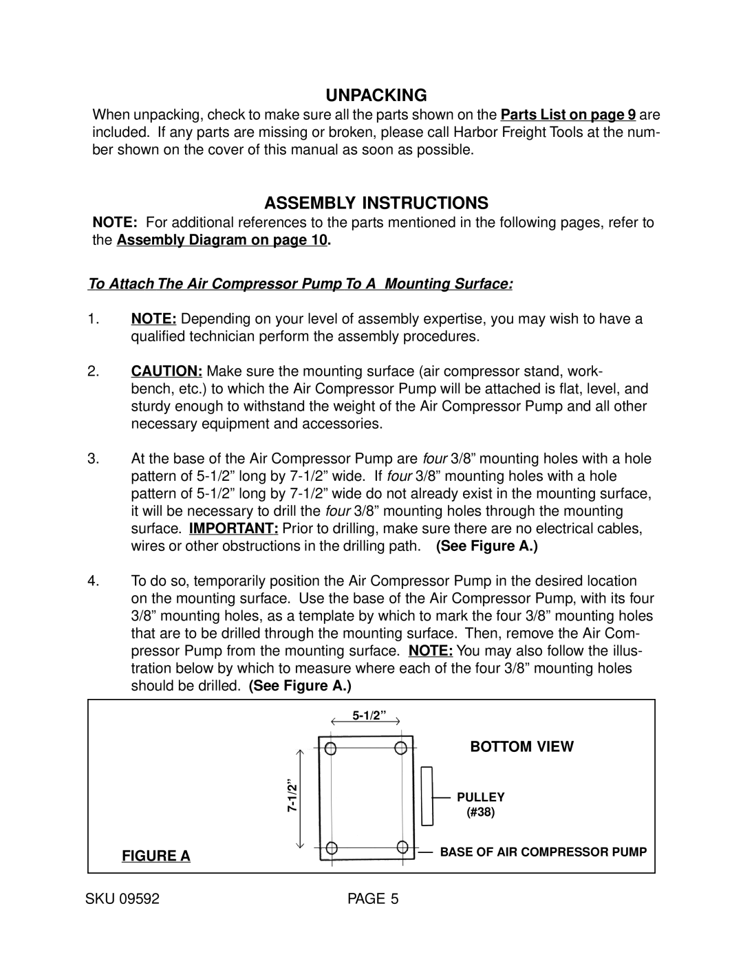 Harbor Freight Tools 9592 operating instructions Unpacking, Assembly Instructions 