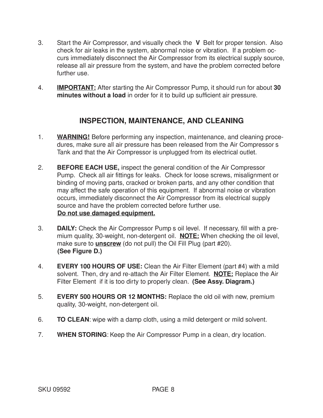 Harbor Freight Tools 9592 operating instructions INSPECTION, MAINTENANCE, and Cleaning, Do not use damaged equipment 