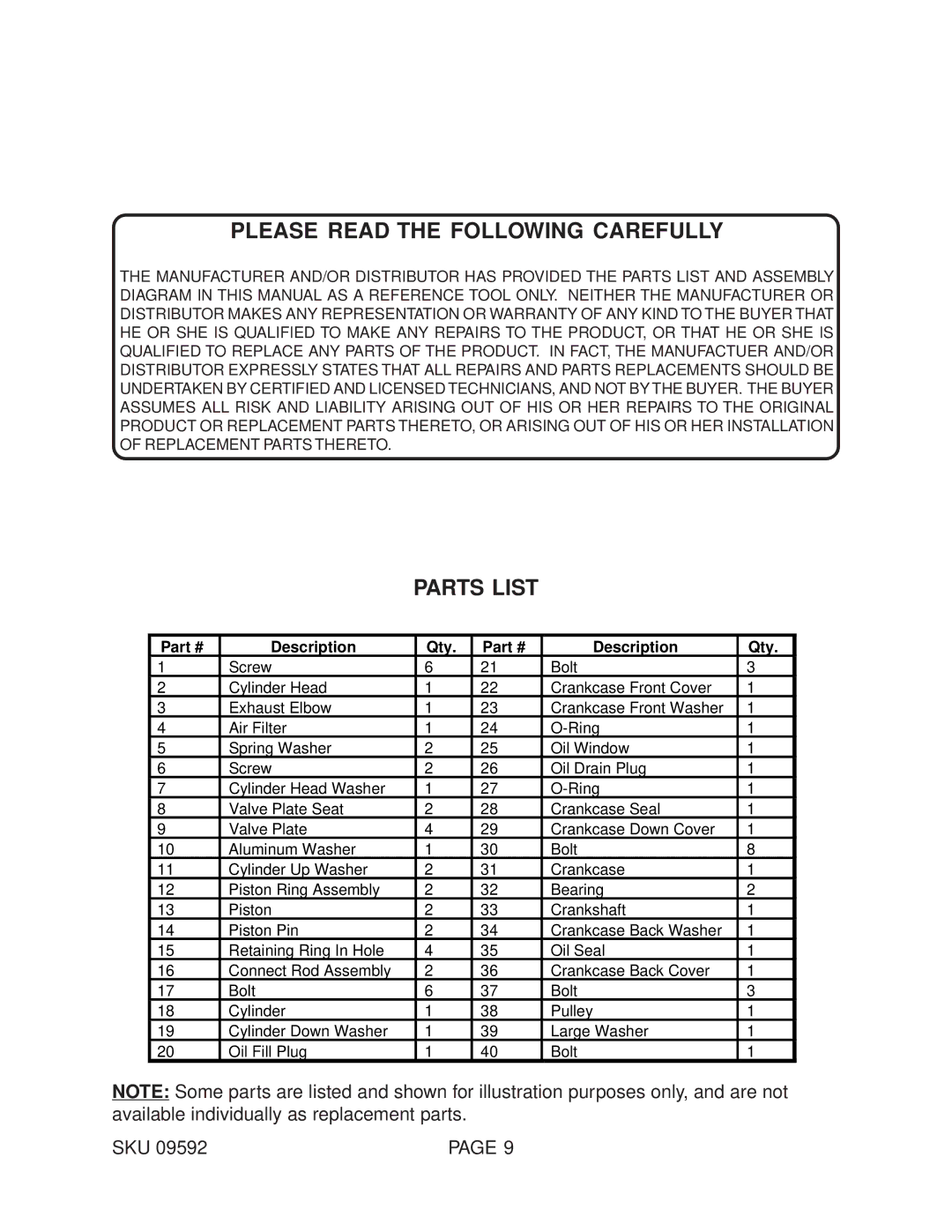 Harbor Freight Tools 9592 operating instructions Please Read the Following Carefully, Parts List 