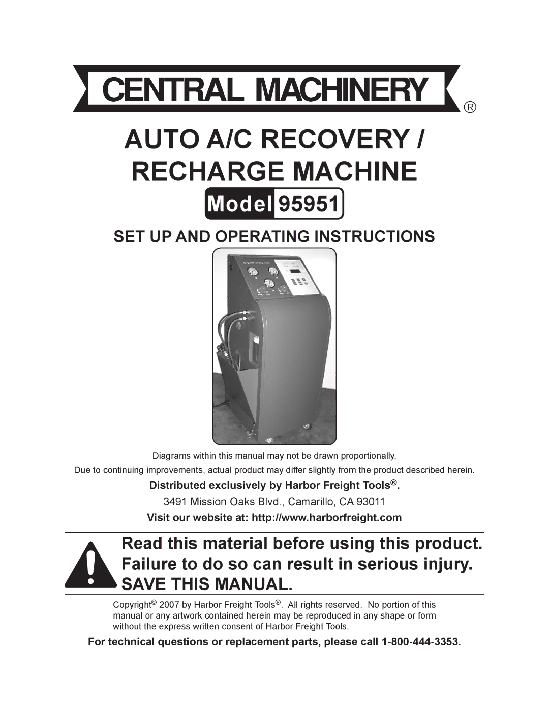 Harbor Freight Tools 95951 operating instructions Distributed exclusively by Harbor Freight Tools 