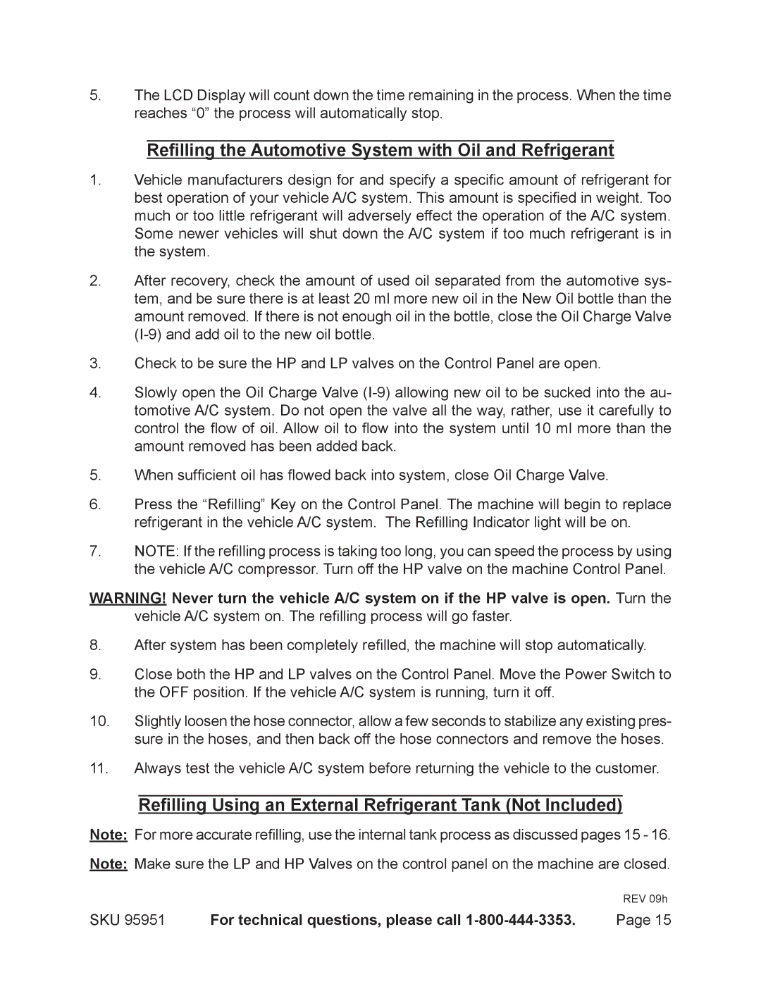 Harbor Freight Tools 95951 operating instructions Refilling the Automotive System with Oil and Refrigerant 