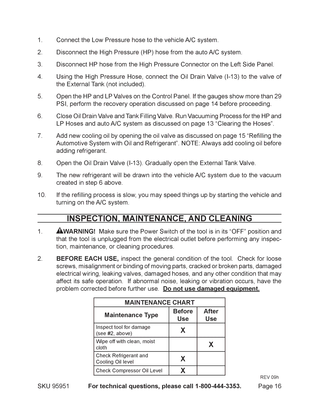 Harbor Freight Tools 95951 INSPECTION, MAINTENANCE, and Cleaning, Maintenance Chart Maintenance Type, After, Use 