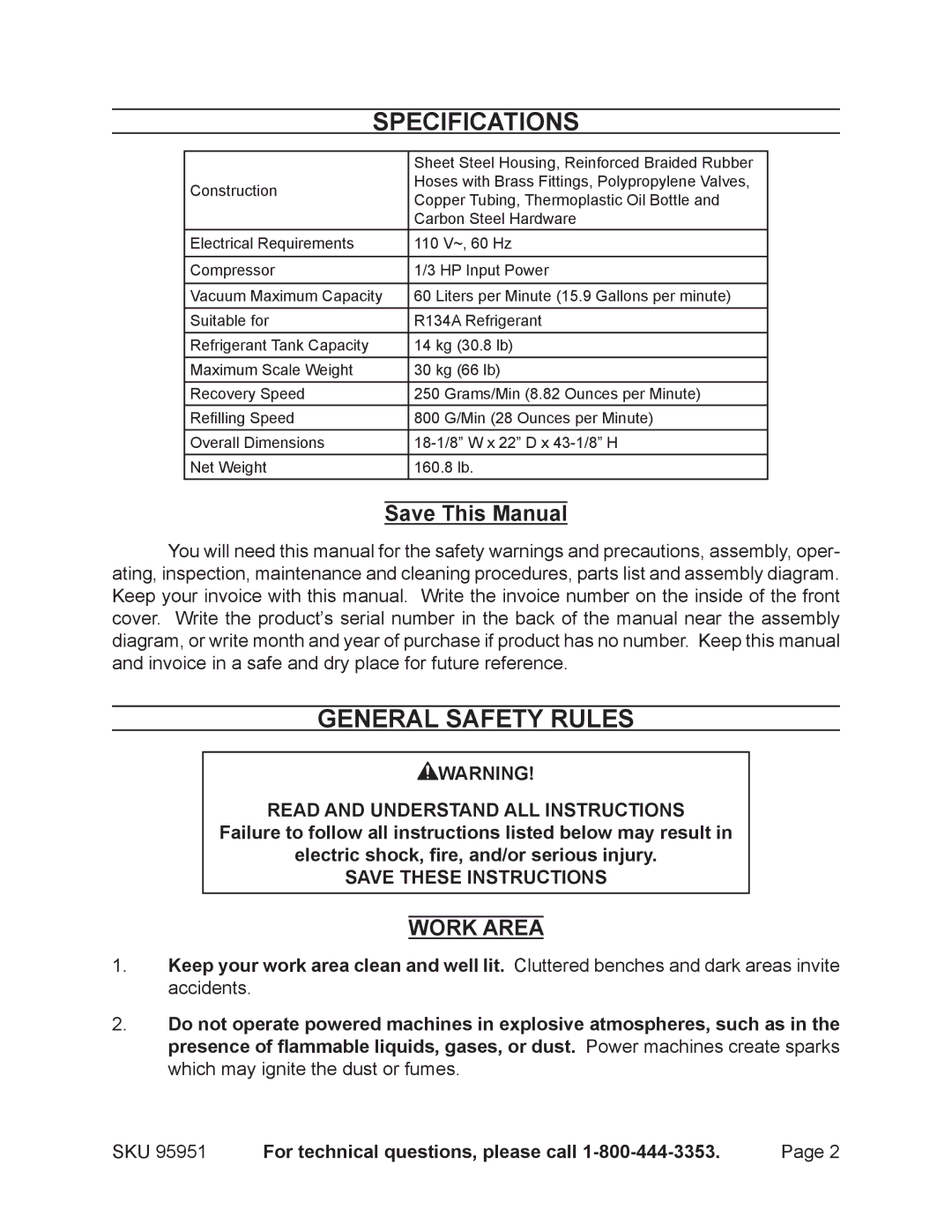 Harbor Freight Tools 95951 General Safety Rules, Save This Manual, Work Area, For technical questions, please call 