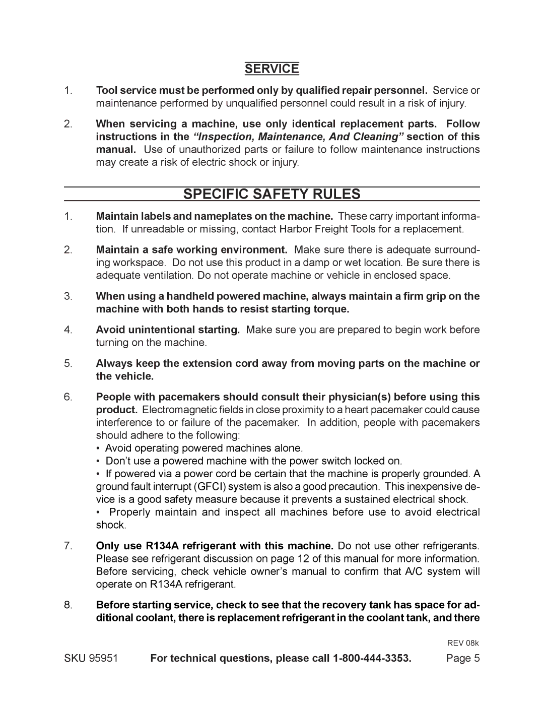 Harbor Freight Tools 95951 operating instructions Specific Safety Rules, Service 