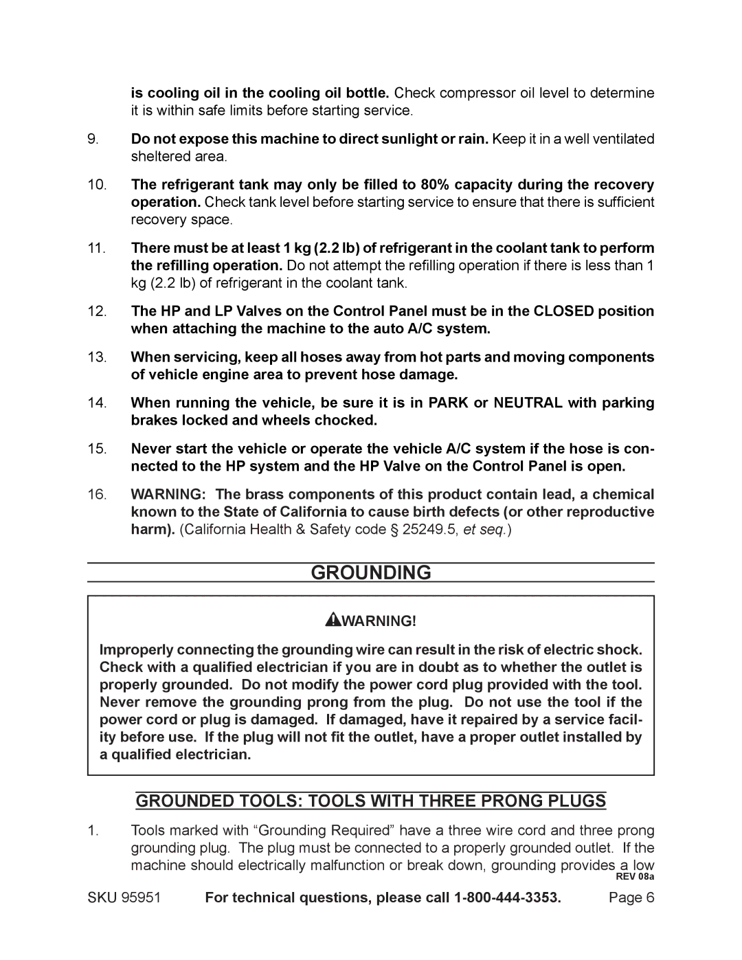 Harbor Freight Tools 95951 operating instructions Grounding, Grounded Tools Tools With Three Prong Plugs 