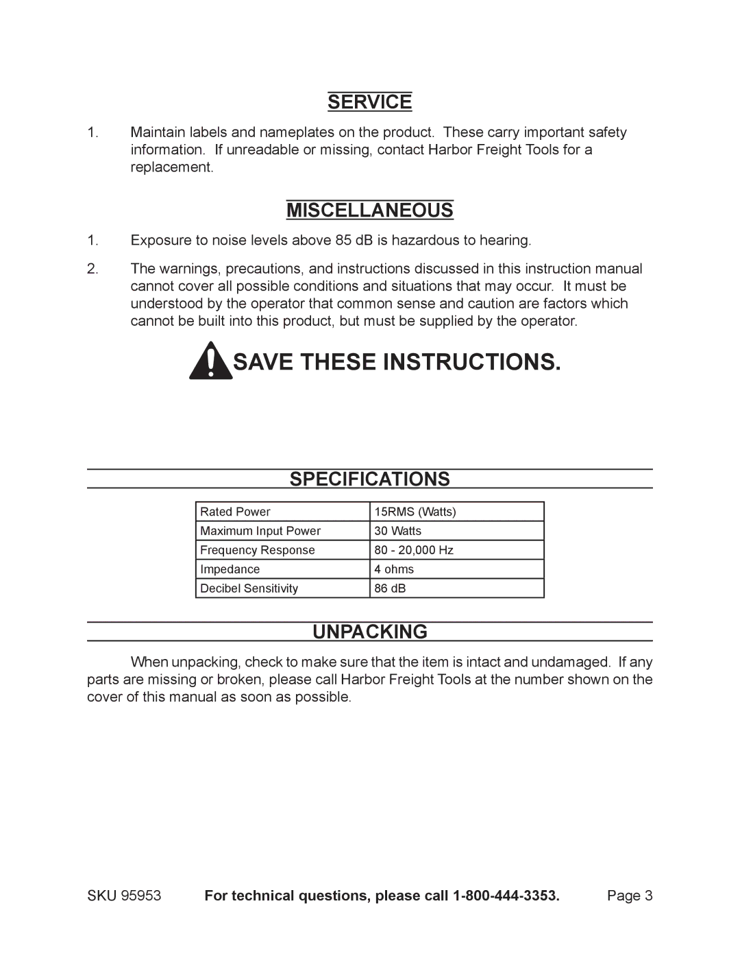 Harbor Freight Tools 95953 manual Service, Miscellaneous, Specifications, Unpacking 