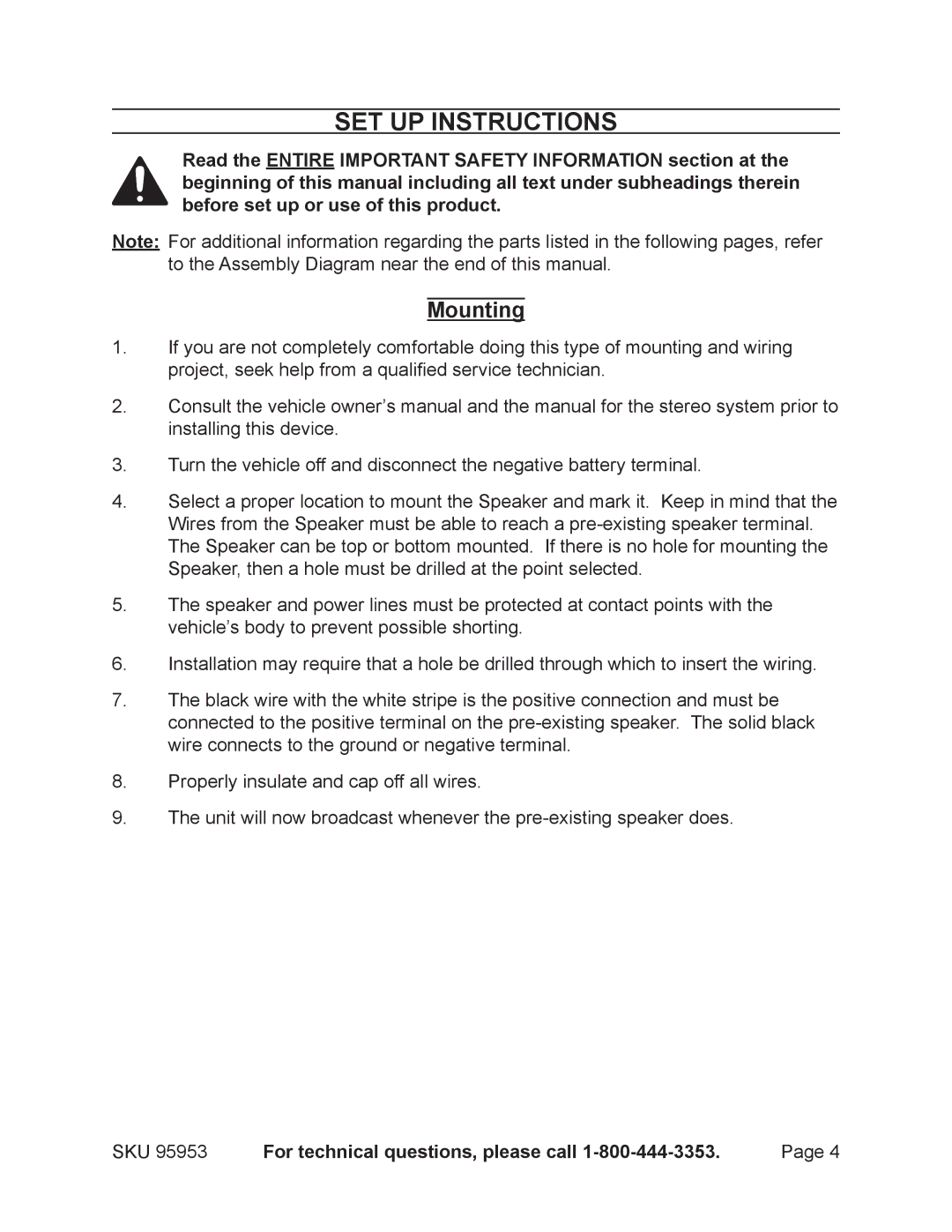 Harbor Freight Tools 95953 manual Set Up Instructions, Mounting 