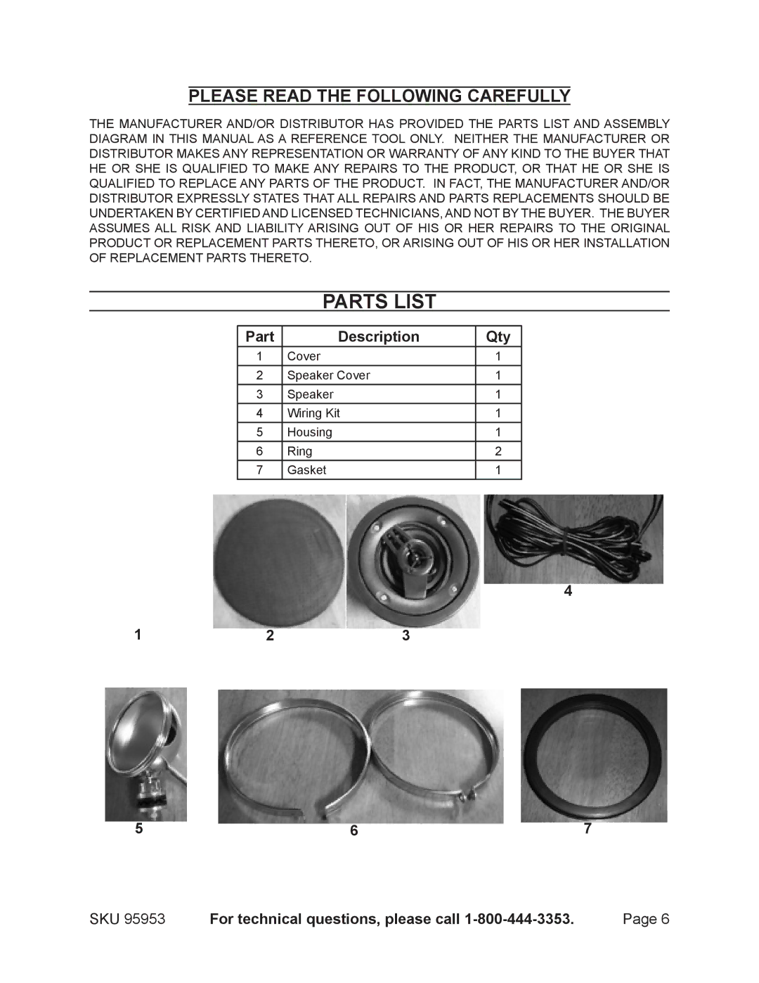 Harbor Freight Tools 95953 manual Parts List, Please Read the Following Carefully 