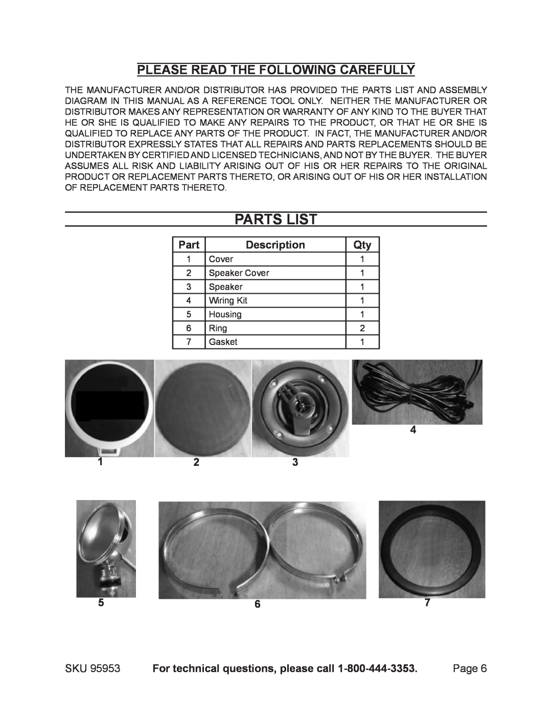 Harbor Freight Tools 95953 manual Parts List, Please Read The Following Carefully, Description, Page 