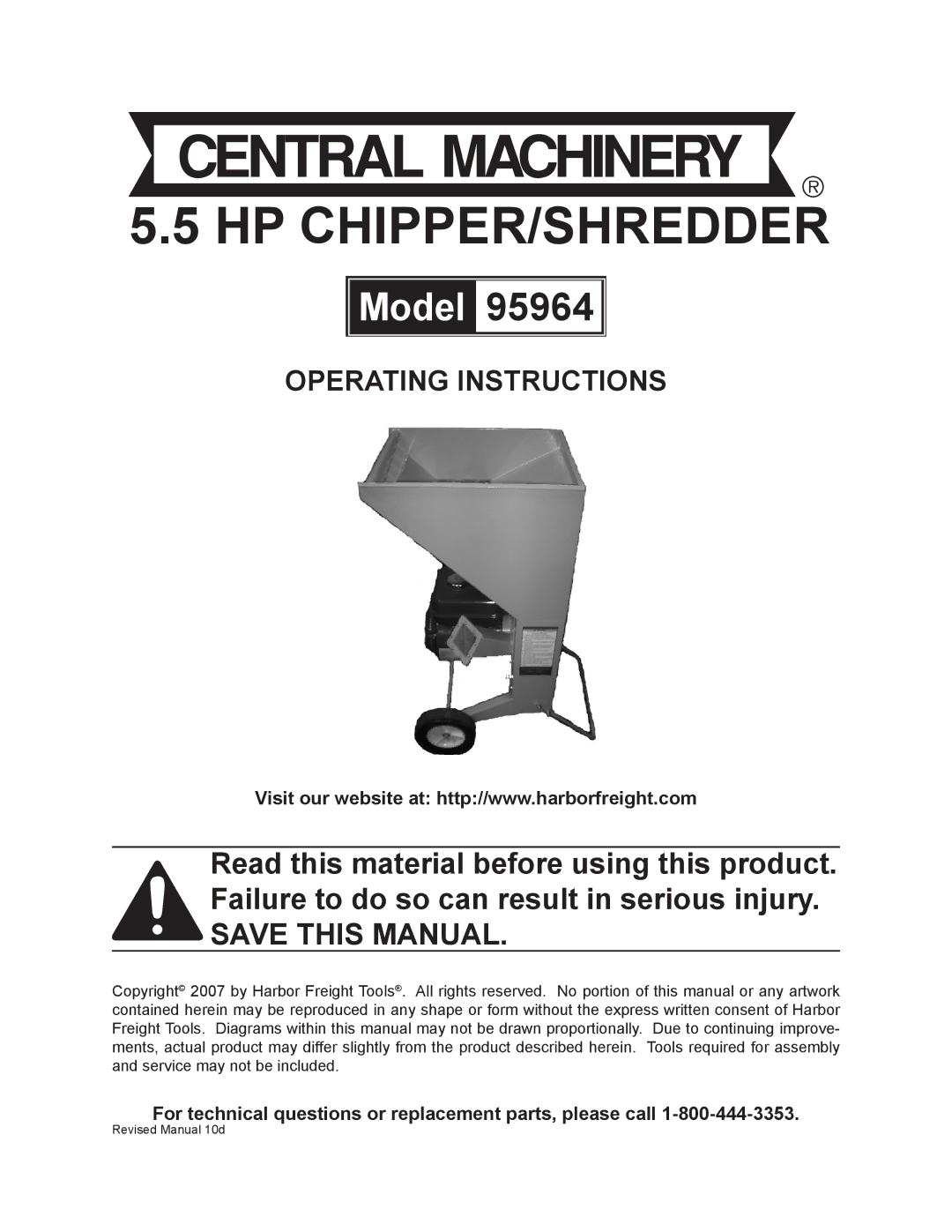 Harbor Freight Tools 95964 operating instructions Hp chipper/shredder 