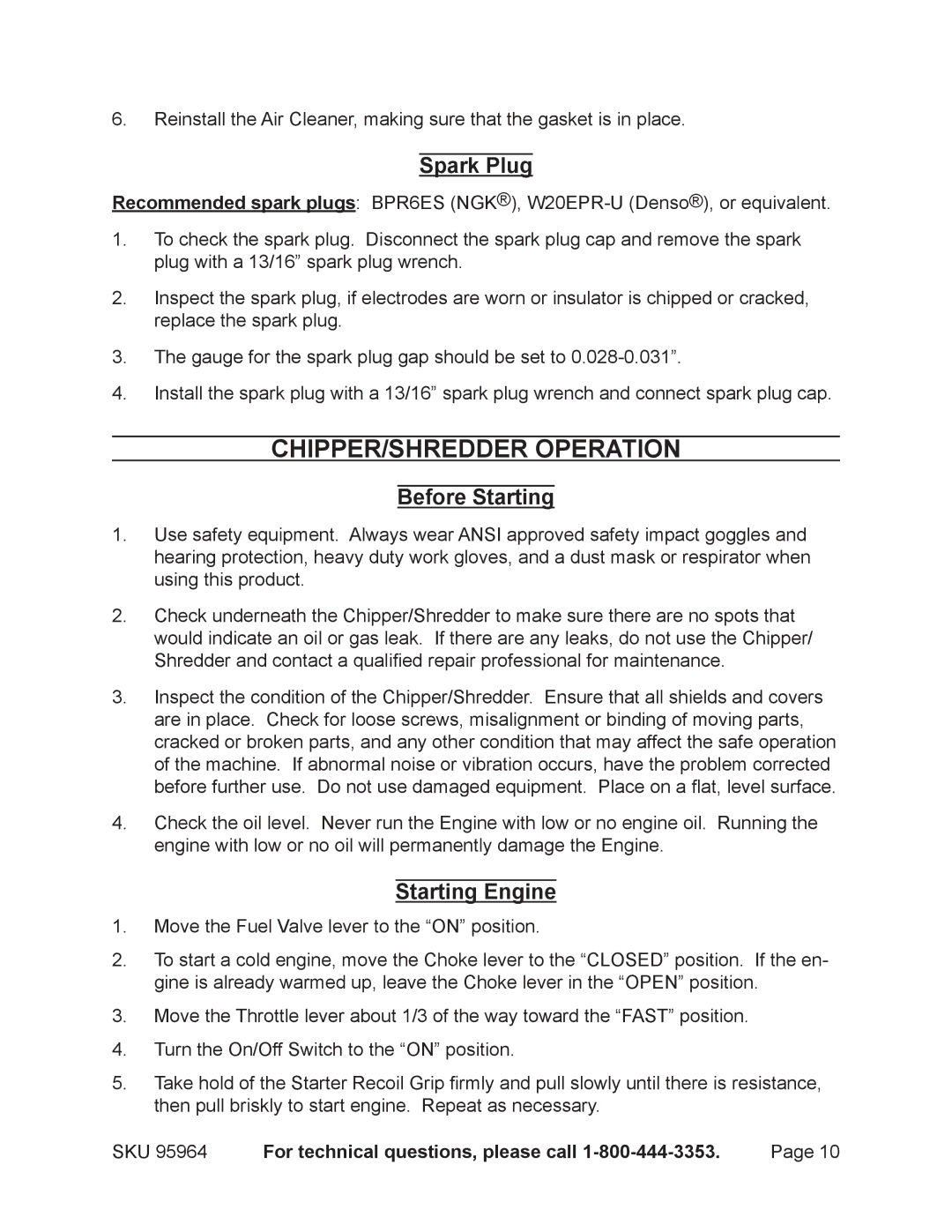 Harbor Freight Tools 95964 operating instructions Chipper/shredder operation, Spark Plug, Before Starting, Starting Engine 