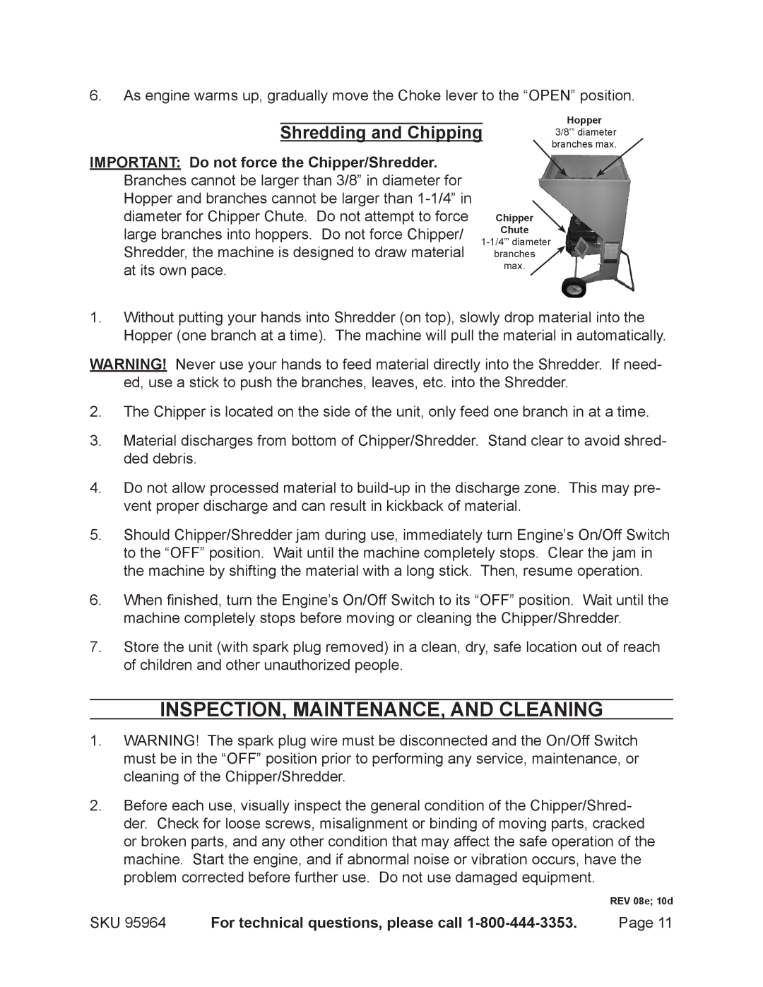 Harbor Freight Tools 95964 operating instructions INSPECTION, MAINTENANCE, and Cleaning, Shredding and Chipping 