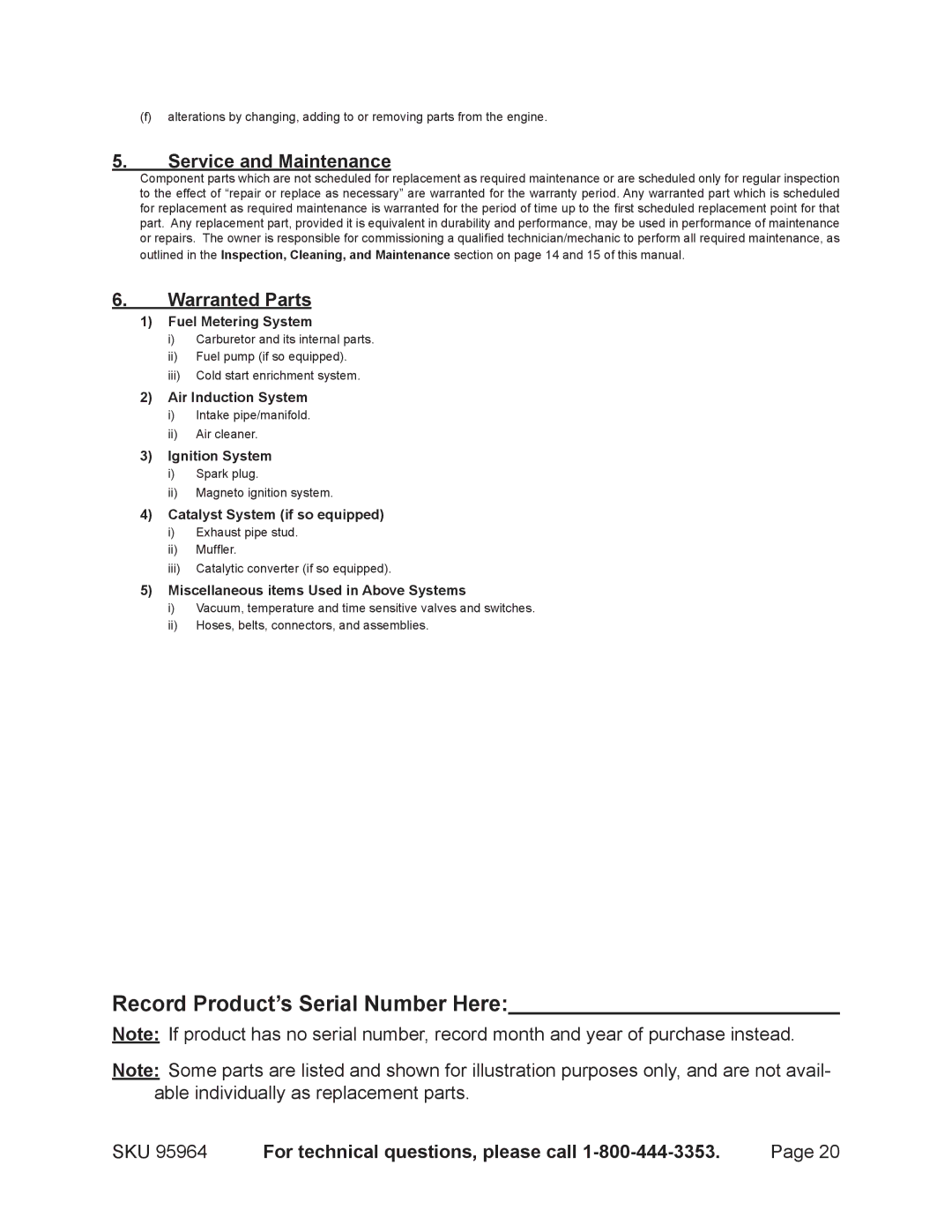 Harbor Freight Tools 95964 Record Product’s Serial Number Here, Service and Maintenance, Warranted Parts 