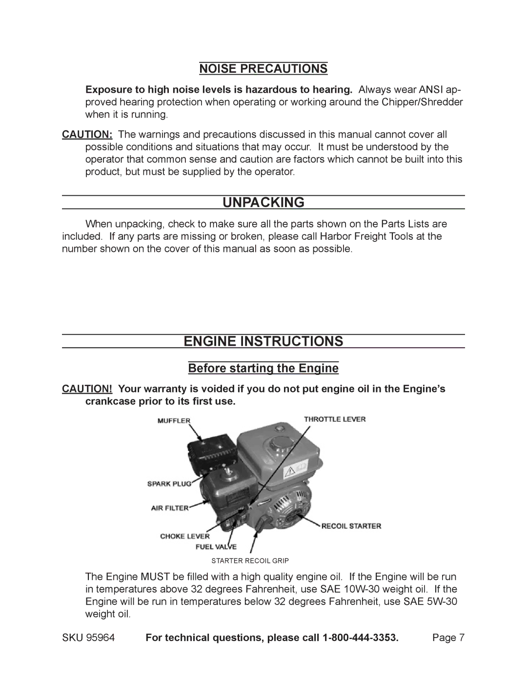 Harbor Freight Tools 95964 Unpacking, Engine instructions, Noise Precautions, Before starting the Engine 