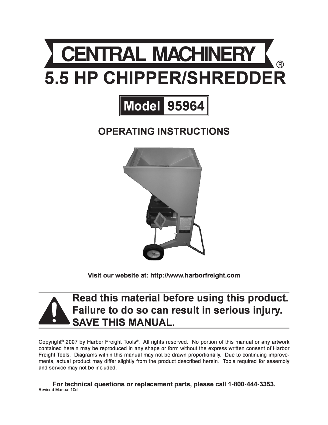 Harbor Freight Tools 95964 operating instructions Operating Instructions, hp chipper/shredder, Model 