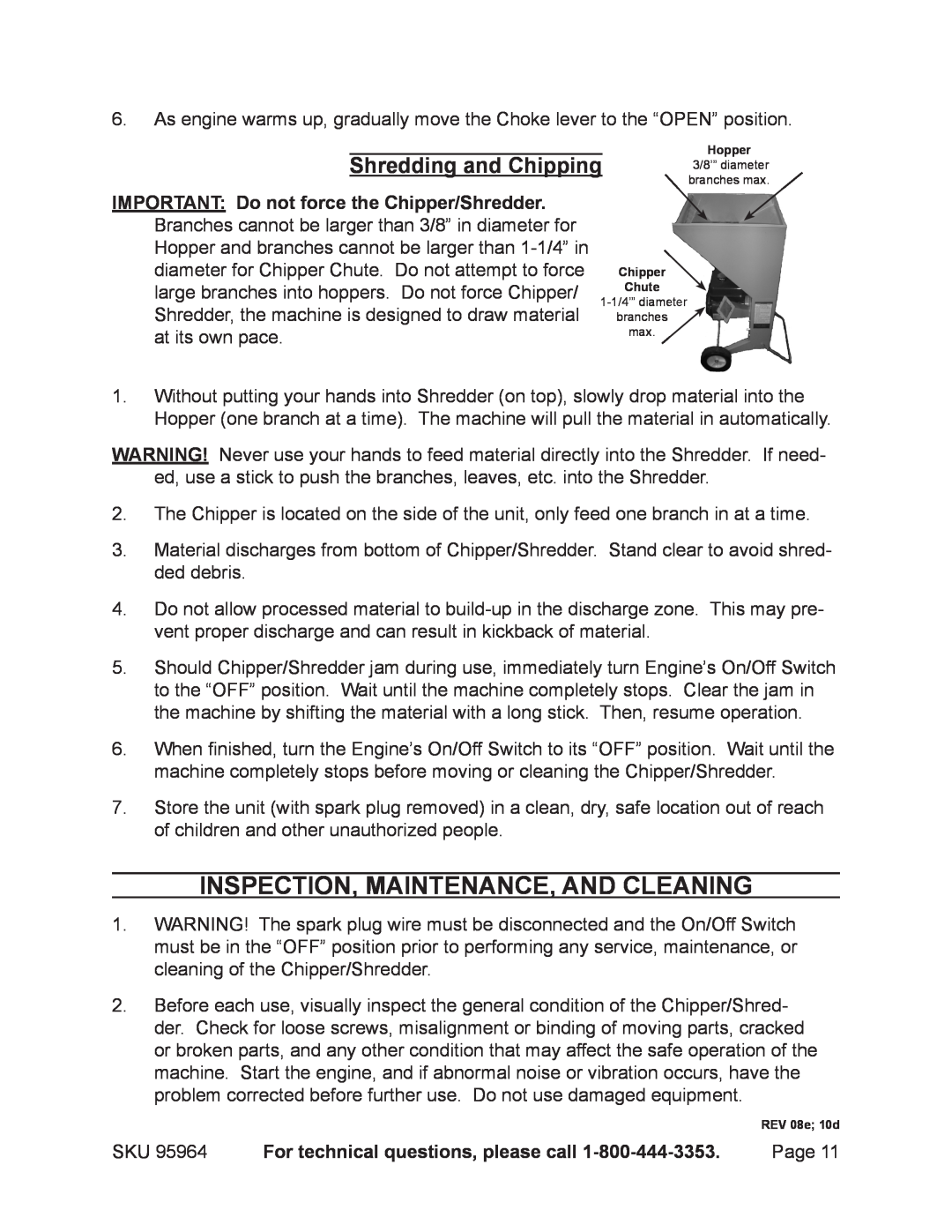 Harbor Freight Tools 95964 operating instructions Inspection, Maintenance, And Cleaning, Shredding and Chipping 