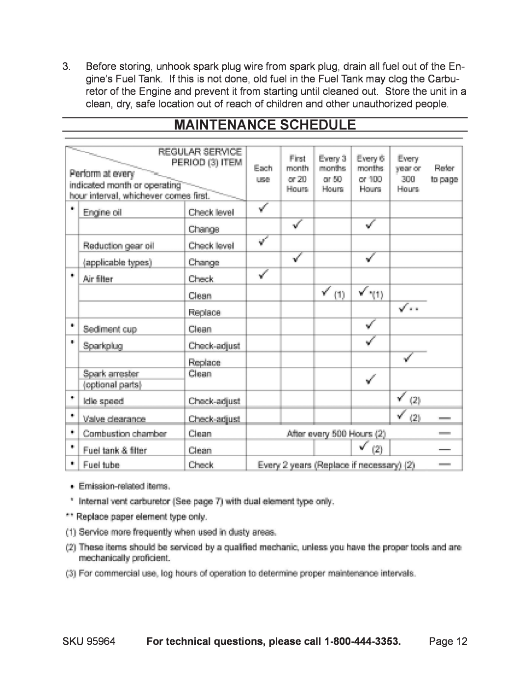 Harbor Freight Tools 95964 operating instructions Maintenance schedule, For technical questions, please call 