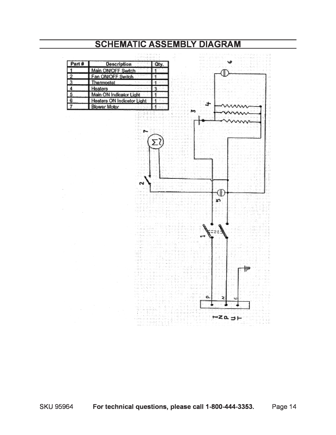 Harbor Freight Tools 95964 operating instructions Schematic assembly diagram, For technical questions, please call 